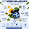 Trigger Finger Cream ingredients infographic featuring Arnica, MSM, Tamanu Oil, Emu Oil, Turmeric Oil, Marjoram Oil, Geranium Oil, L-Arginine, Magnesium, and cooling mint with benefits for tendon pain, inflammation relief,