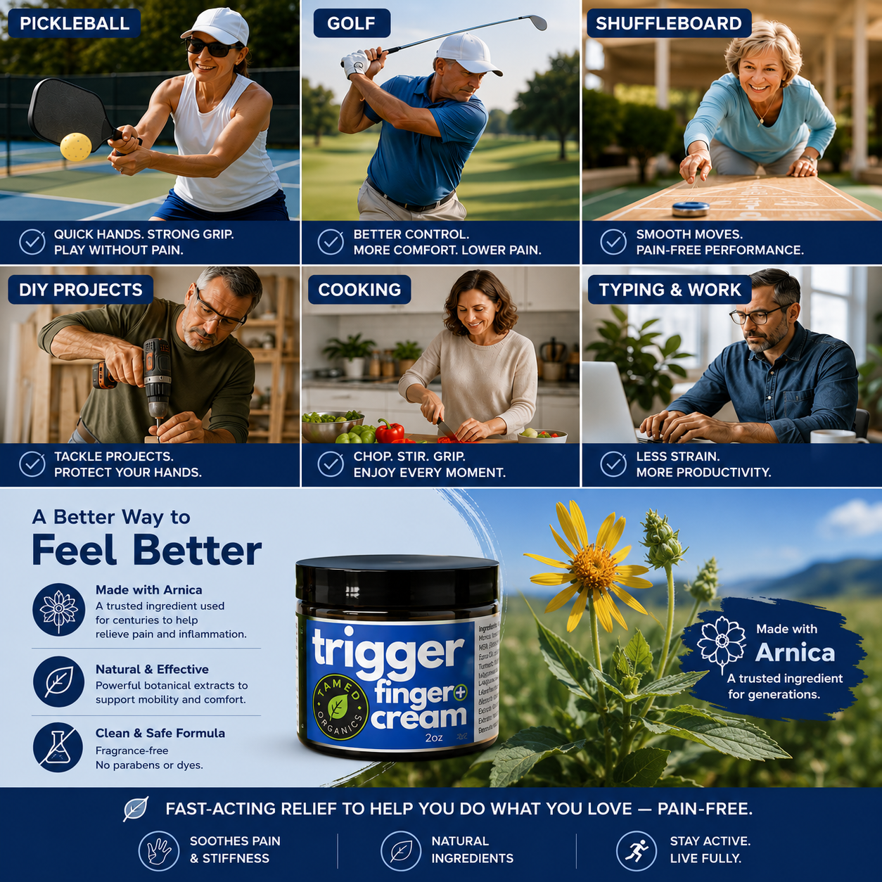 Trigger Finger Cream lifestyle collage showing pickleball, golf, shuffleboard, DIY projects, cooking, and typing activities with messaging about pain relief, grip support, mobility, and staying active pain-free.