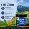 Trigger Finger Cream jar displayed beside an arnica plant in a mountain meadow with text highlighting natural ingredients, pain relief support, mobility benefits, fragrance-free formula, and clean botanical ingredients.