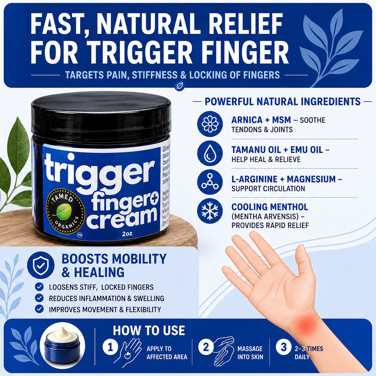 Blue Trigger Finger Cream infographic highlighting fast natural relief for trigger finger pain, stiffness, and locking fingers with Arnica, MSM, Tamanu Oil, Emu Oil, L-Arginine, Magnesium, and cooling menthol to support mobility, circulation, tendon healing, and flexibility.