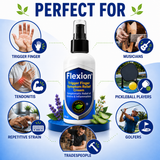 Flexion Trigger Finger Symptom Relief Cream infographic showing conditions and activities it is perfect for, including trigger finger, tendonitis, repetitive strain, musicians, pickleball players, golfers, and tradespeople, with plant-based ingredients designed to support hand comfort, flexibility, mobility, and everyday hand function.