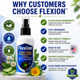 Flexion Trigger Finger Symptom Relief Cream trust and benefits infographic featuring plant-based ingredients, fast-absorbing non-greasy formula, Made in USA quality, healthy mobility support, and a 90-day money-back guarantee for natural trigger finger and tendon discomfort relief.