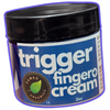 Jar of trigger finger cream with blue label and black lid on a white background