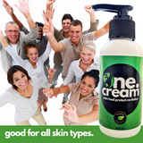 Tamed Organics One Cream graphic featuring a diverse group of adults and the message Good for all skin types.