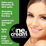 Tamed Organics One Cream graphic highlighting support for blemishes, dark spots, fine lines, scrapes, and bruises.