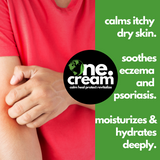 Tamed Organics One Cream graphic highlighting moisturizing support for itchy, dry, eczema-prone, and psoriasis-prone skin.