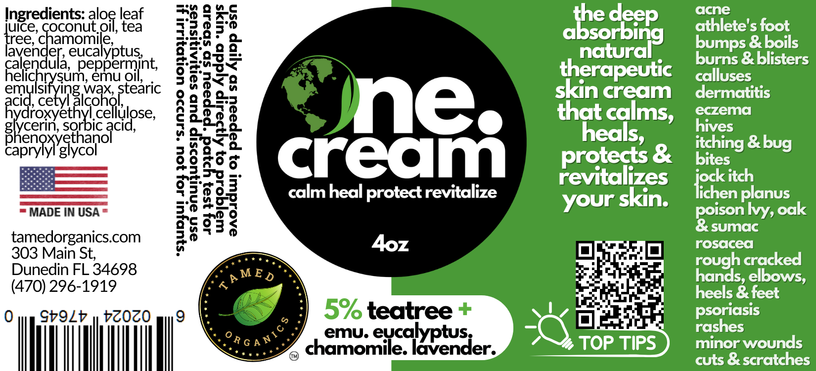 Tamed Organics One Cream product label featuring ingredients, directions, and suggested uses.