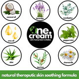 Tamed Organics One Cream ingredient graphic featuring coconut oil, lavender, eucalyptus, peppermint, chamomile, tea tree, aloe, and emu oil.