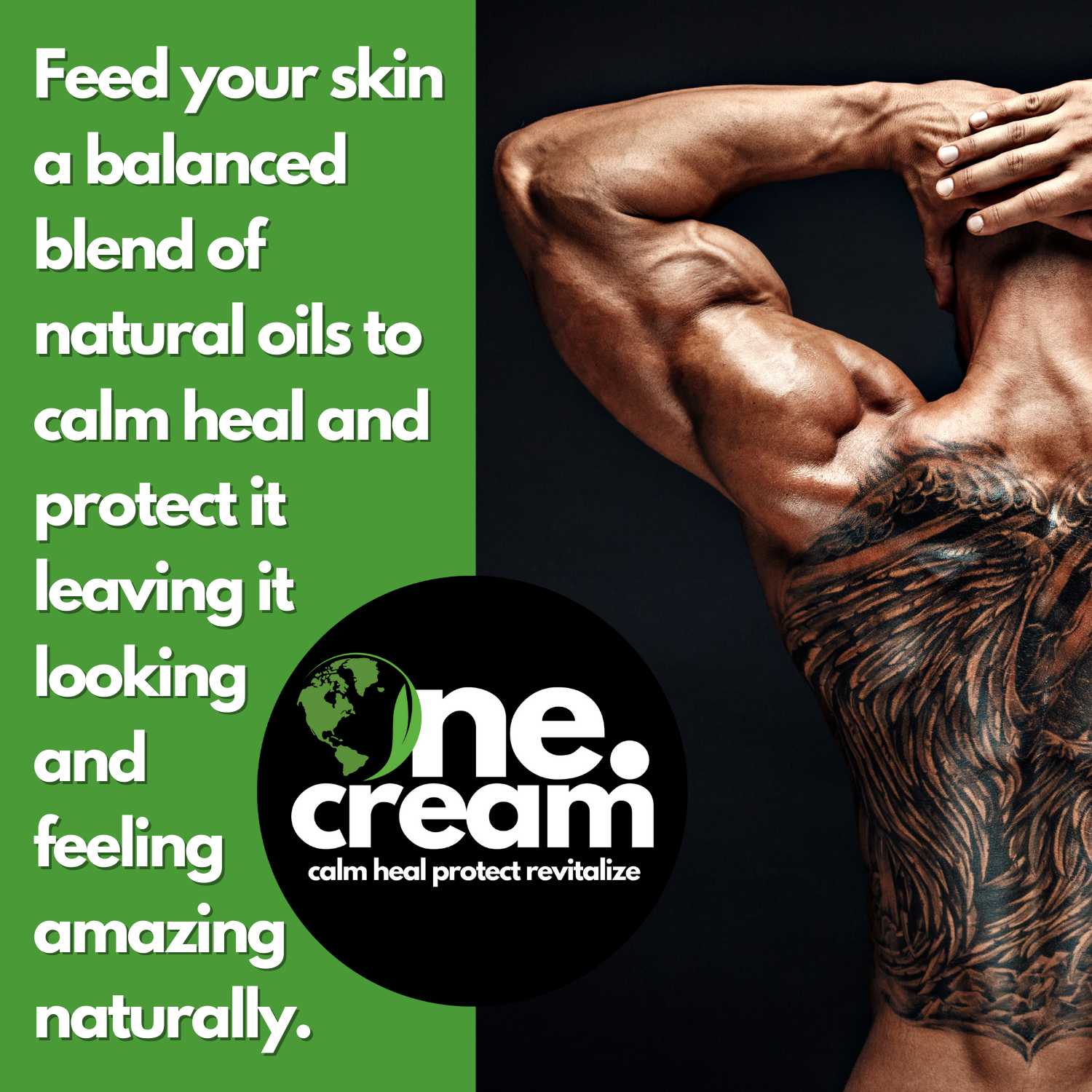 Tamed Organics One Cream graphic featuring natural oils for calming, moisturizing, and protecting the skin.