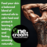 Tamed Organics One Cream graphic featuring natural oils for calming, moisturizing, and protecting the skin.