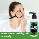 Tamed Organics One Cream graphic featuring support for rosacea-prone and dry skin.