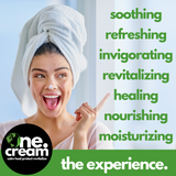 Tamed Organics One Cream graphic highlighting a soothing, refreshing, nourishing, and moisturizing skin-care experience.